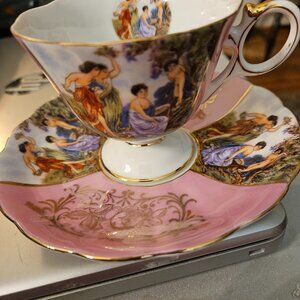 beautiful royal Halsey footed tea cup and saucer fates with cupid lusterware